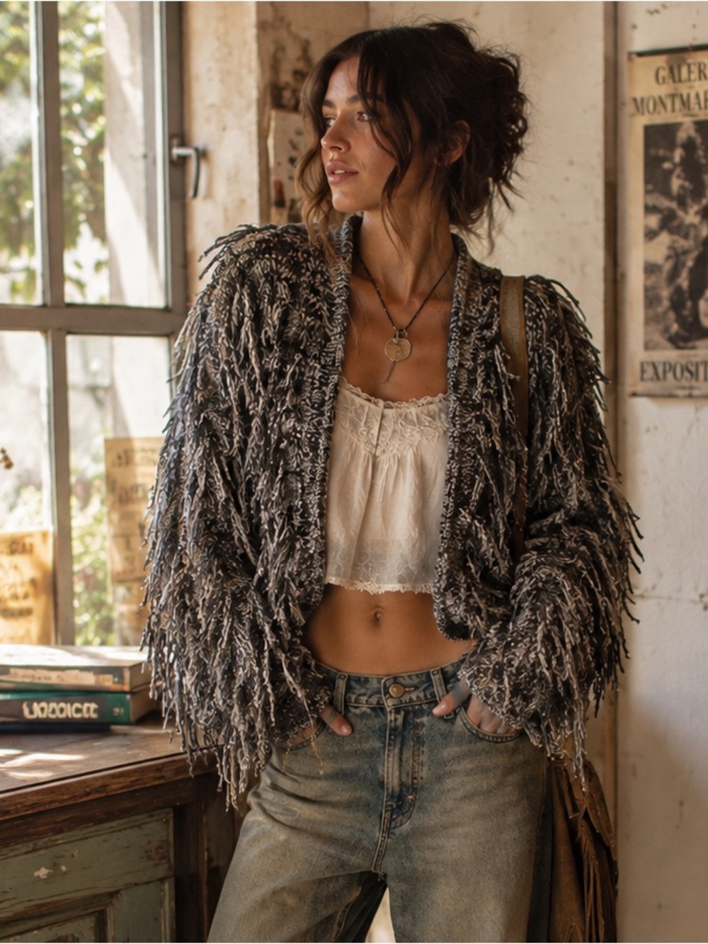 INC International Concepts Gray Marled Fringe Open Cardigan